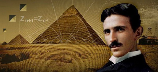 Nikola Tesla in front of a pyramid photo