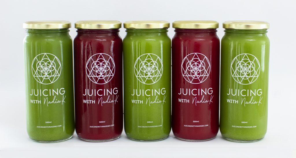 Juicing with Nadia K's 1 Day Green with beet Juice Cleanse - 5 Juices - white background