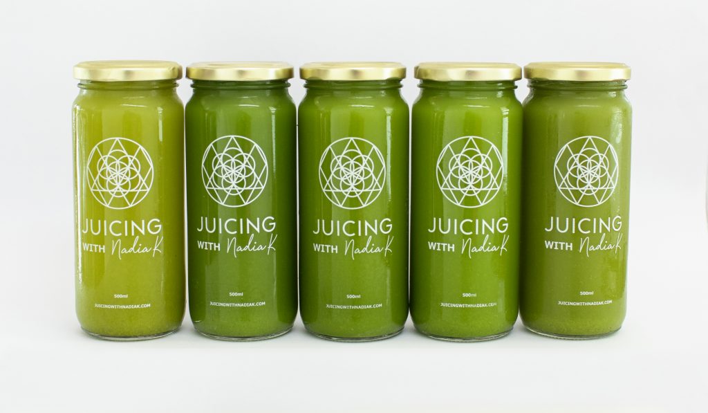 Juicing with Nadia K's 1 Day Green Juice Cleanse - 5 Juices - white background